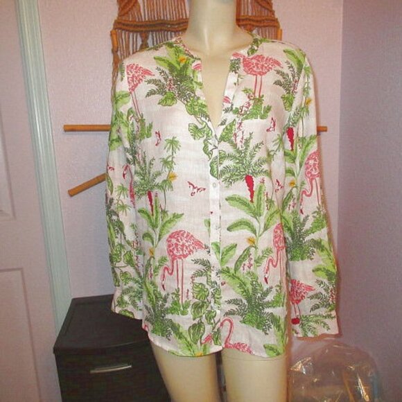 Charter Club Palm Beach Linen Tunic Top Size M Pink Flamingo Button Up Coastal - Picture 1 of 10